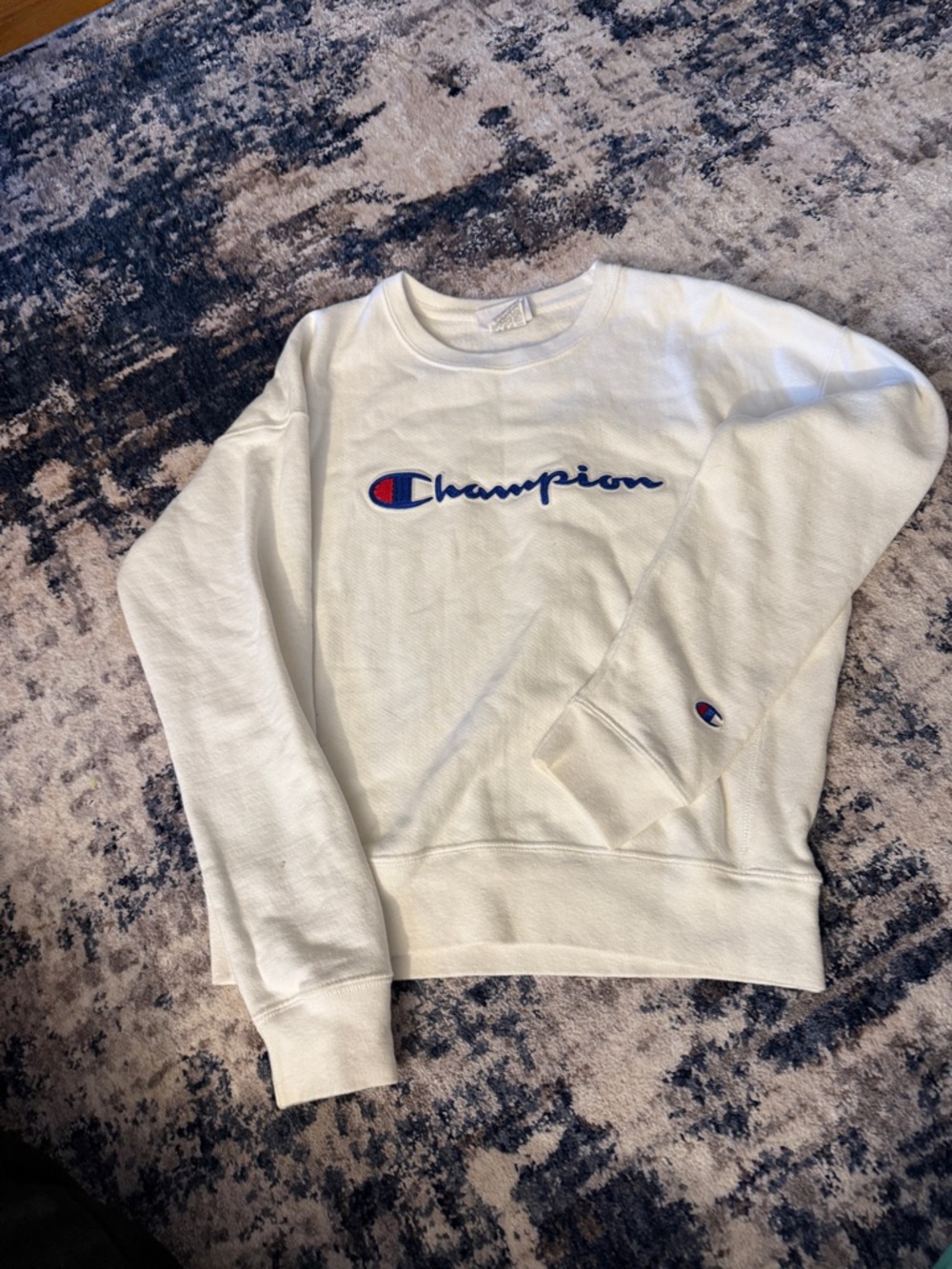 Champion white Crewneck with Blue & Red Script Logo